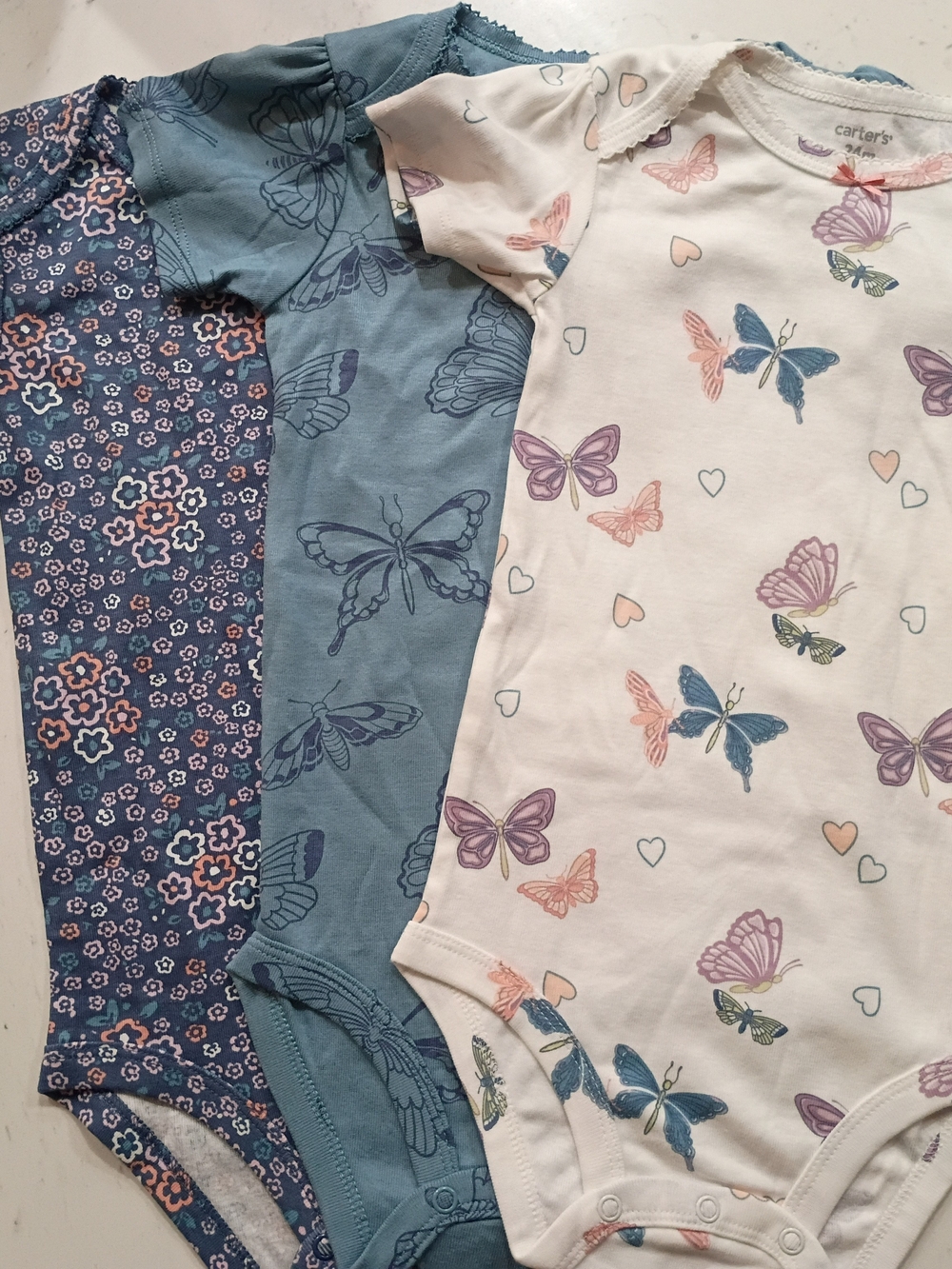 New Carter's Girls Butterfly & Floral Short-Sleeve Bodysuits White, Blue, & Navy